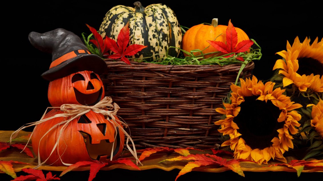 Download Wallpaper Funny Halloween pumpkins and sunflowers - HD wallpaper