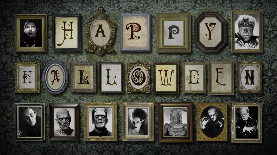 Download Wallpaper Happy Halloween - Pictures on the wall with monsters