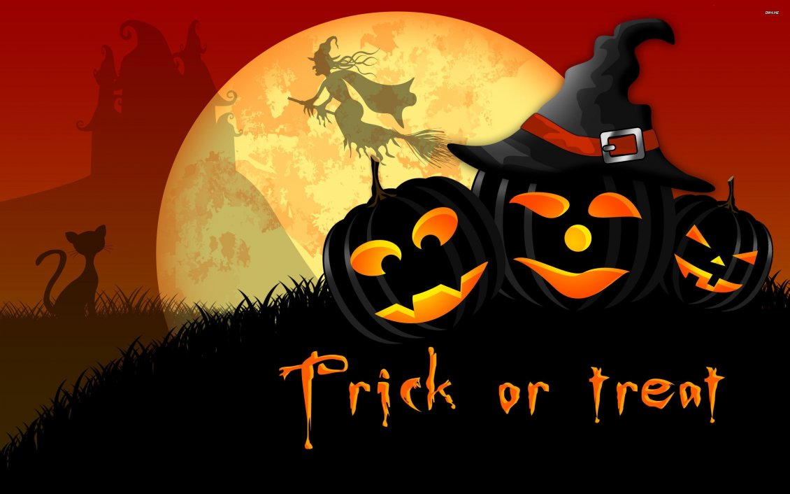 Download Wallpaper Trick or Treat - dark pumpkins and witch on the sky