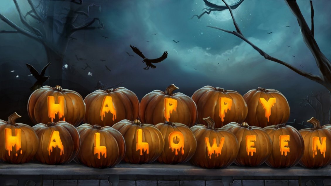 Download Wallpaper Happy Halloween write on pumpkins - HD wallpaper