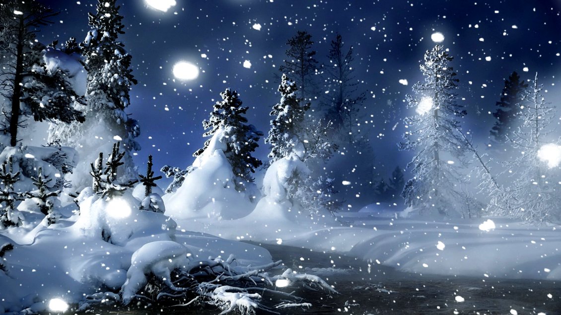 Download Wallpaper Snowing over the nature - wonderful winter night