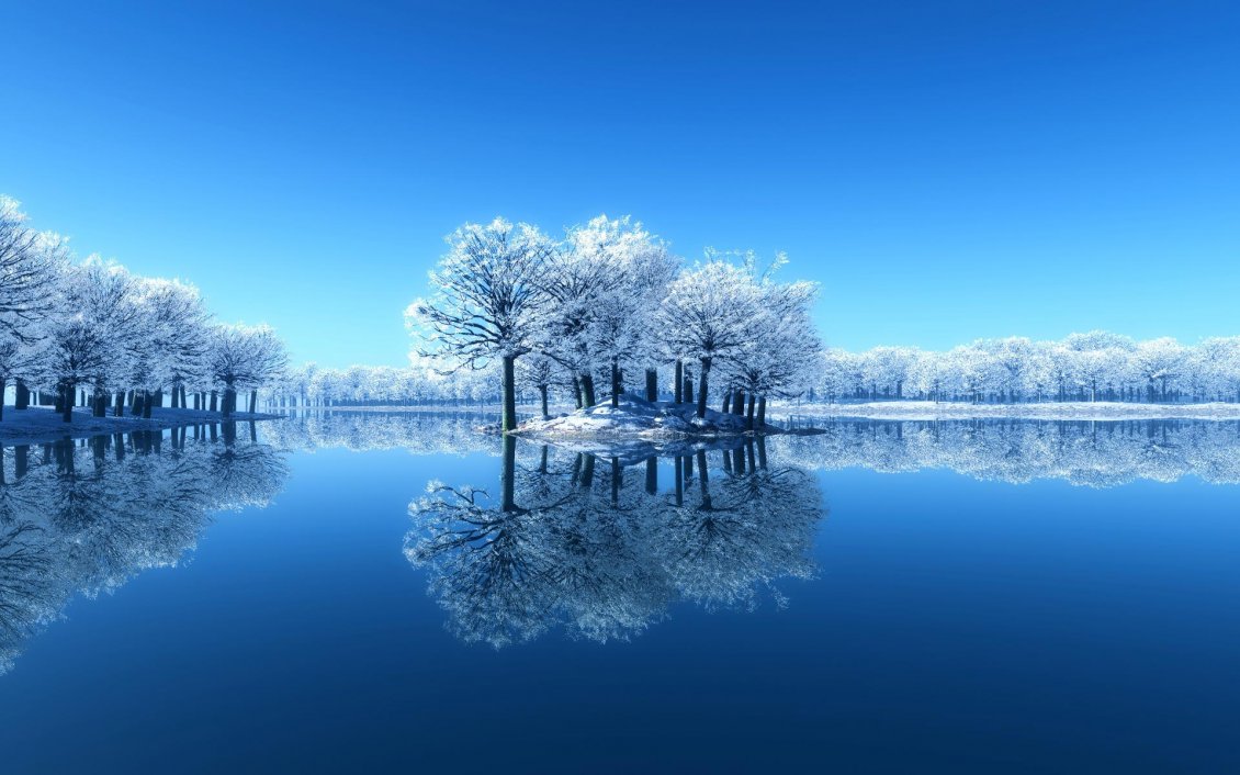 Download Wallpaper Small island full with frozen trees - Mirror in the lake