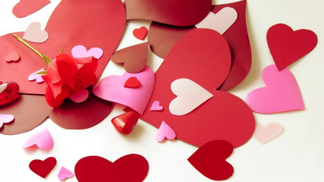 Download Wallpaper Paper red hearts and a wonderful rose - Happy Valentines Day