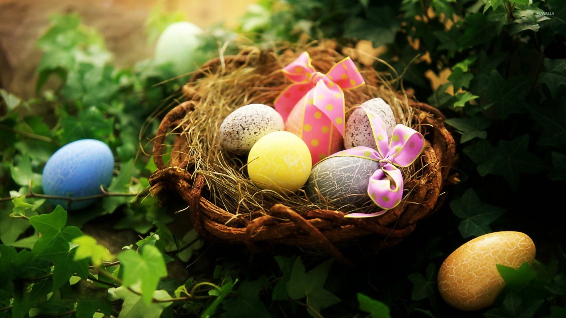 Download Wallpaper Easter basket full with coloured eggs with ribbon