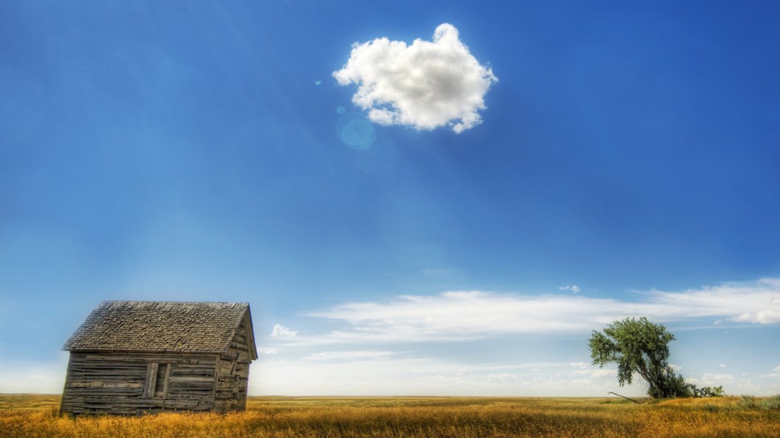 Download Wallpaper Hot sunshine over the wooden cottage - One fluffy cloud