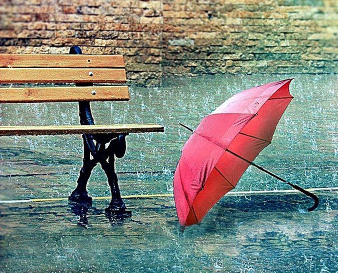 Download Wallpaper Red umbrella near a bench - Rainy day