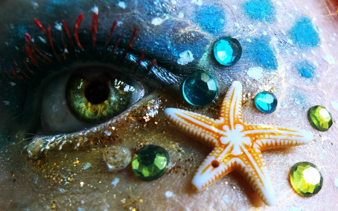Download Wallpaper Starfish and crystals on a mermaid face - Beautiful makeup