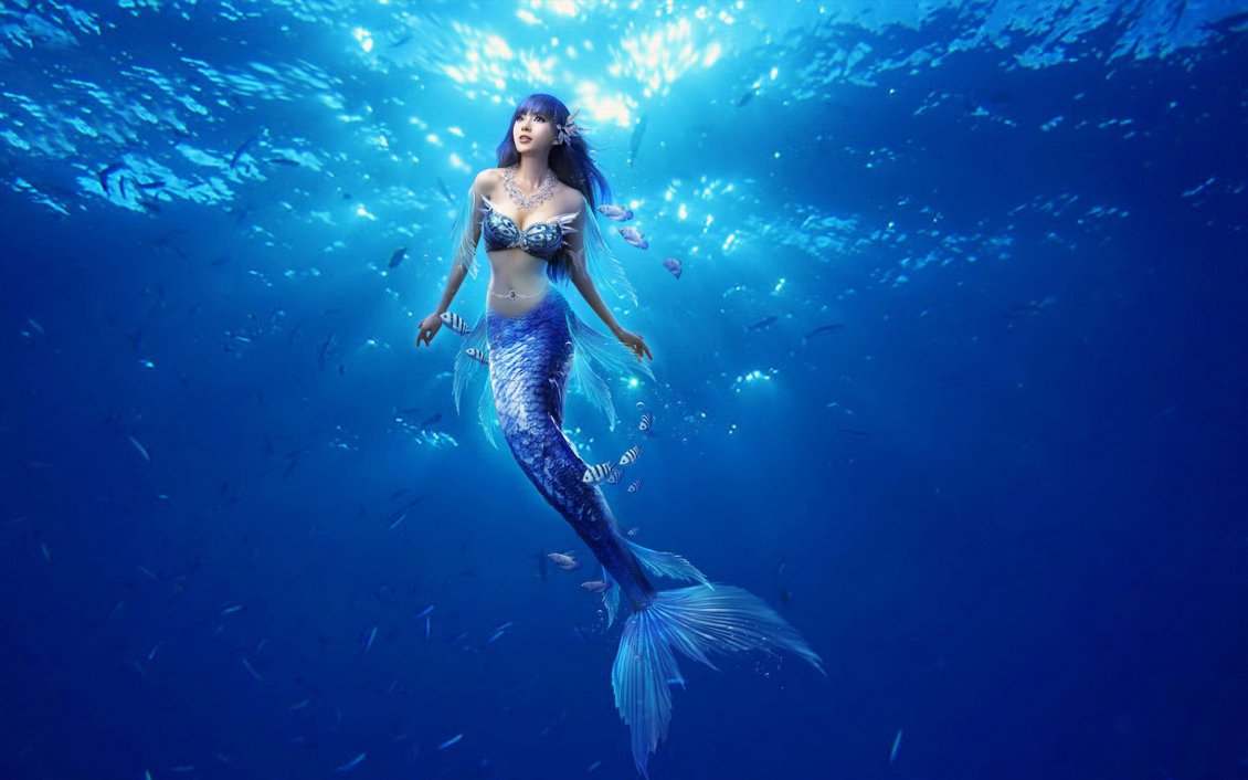Download Wallpaper Beautiful blue mermaid in the middle of the ocean water