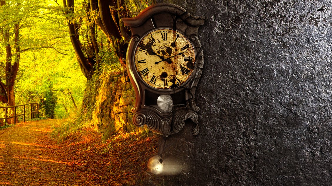 Download Wallpaper Time in nature - Old Clock on the tree - Autumn season