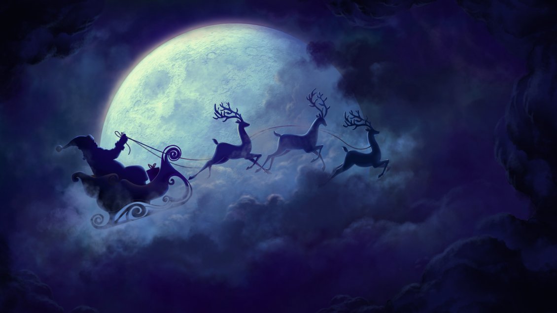 Download Wallpaper Santa Claus flying on the sky with the deers -Christmas time