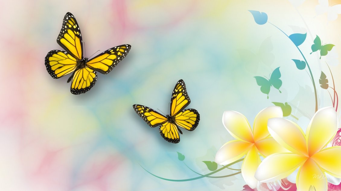Download Wallpaper Yellow butterflies and beautiful flowers - Spring season