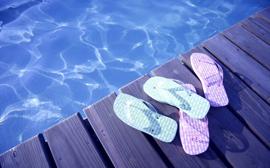 Download Wallpaper Blue and pink flip flop near the pool - Summer time