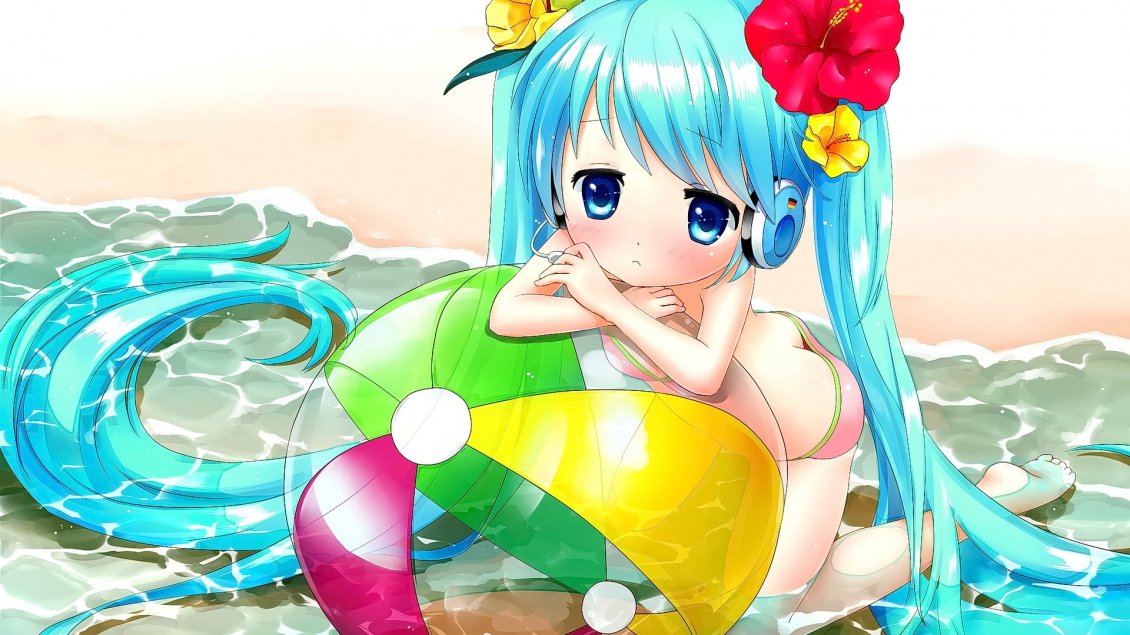 Download Wallpaper Anime girl with long blue hair at the seaside and beach