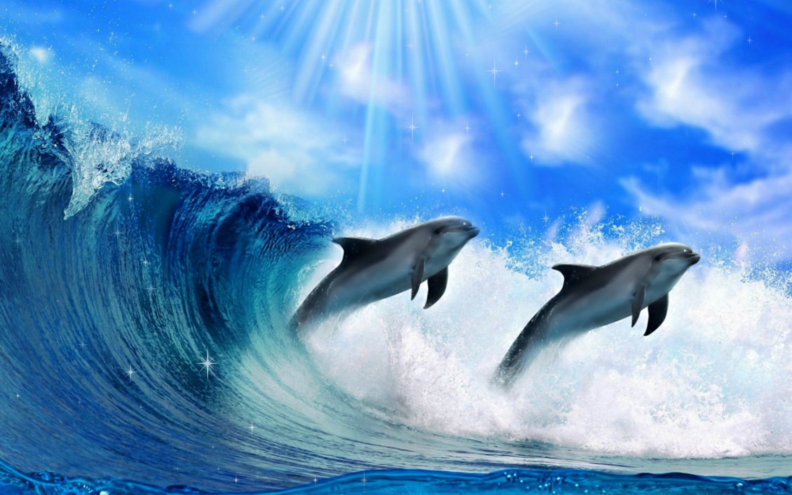 Download Wallpaper Inteligent animals -Dolphins play in the water jump in waves