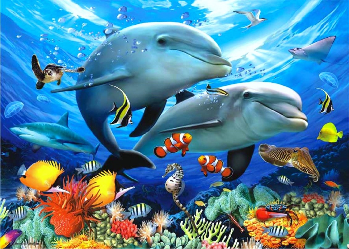 Download Wallpaper Happy fish family under water - Party all species