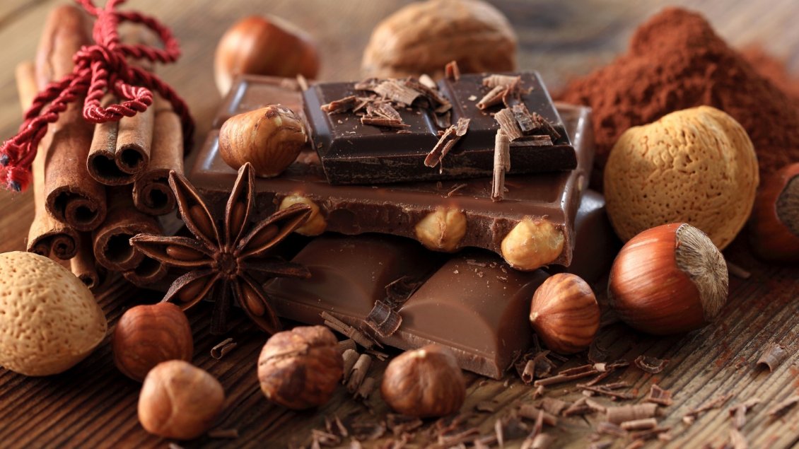 Download Wallpaper Piece of chocolates cinnamon and peanuts - Sweet wallpaper