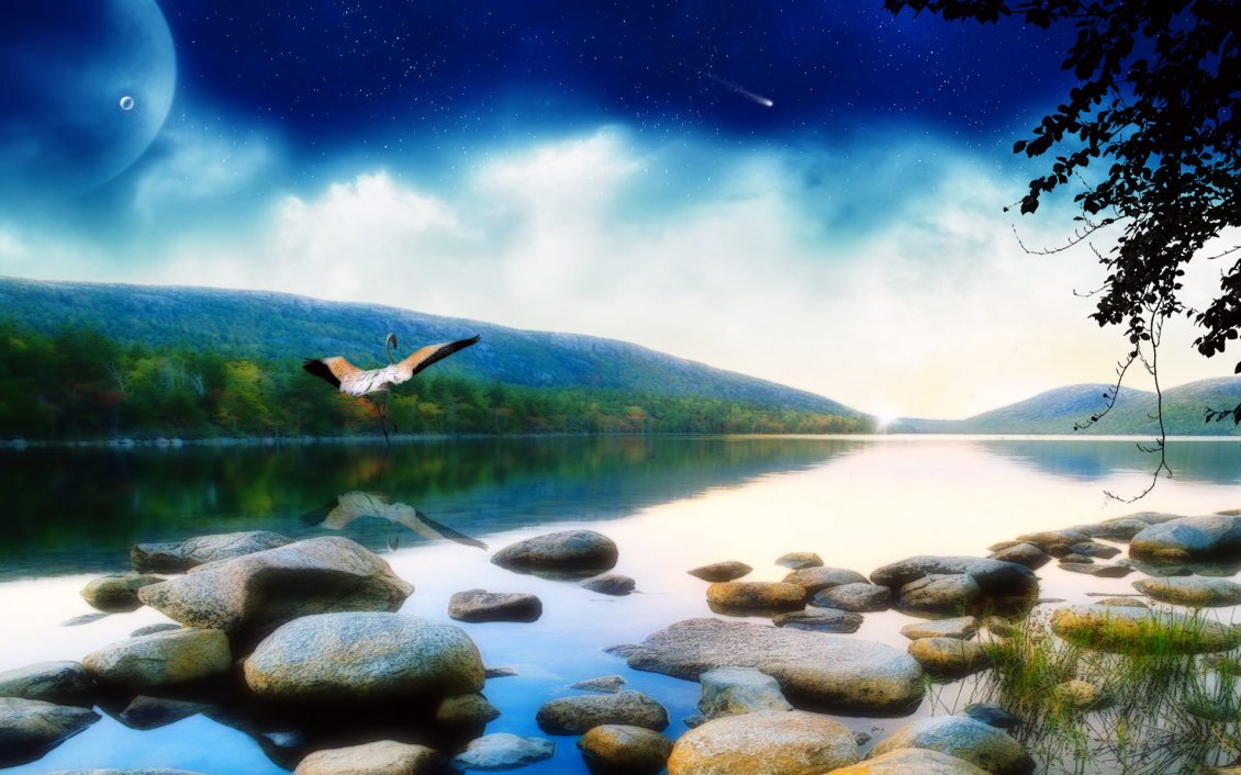 Download Wallpaper Abstract summer wallpaper - rocks in the river and big moon