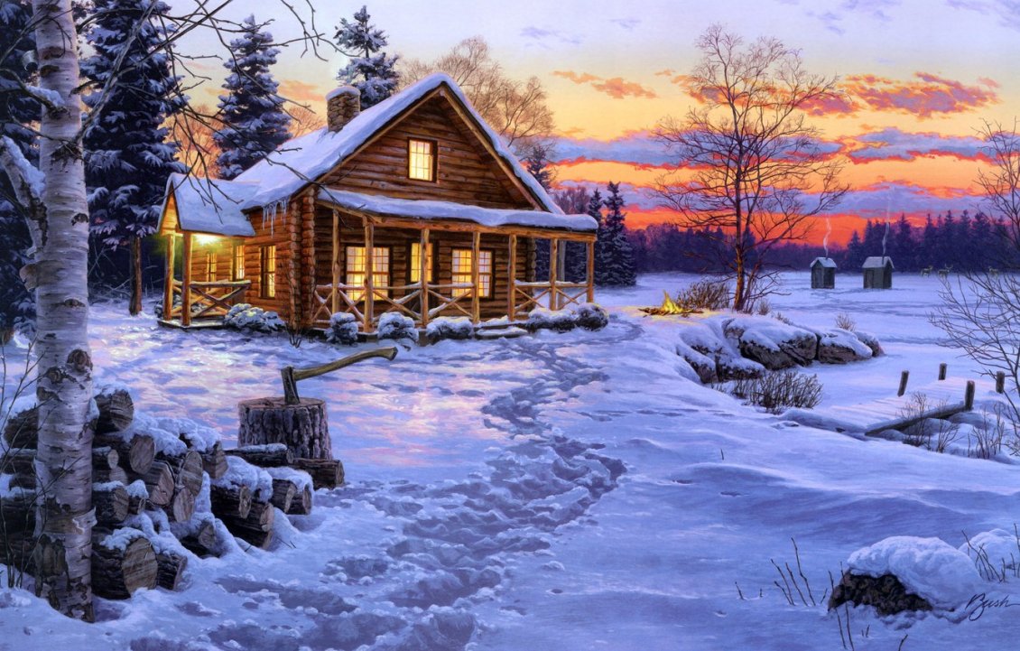 Download Wallpaper Big snow in the mountains - Wooden cottage warm day