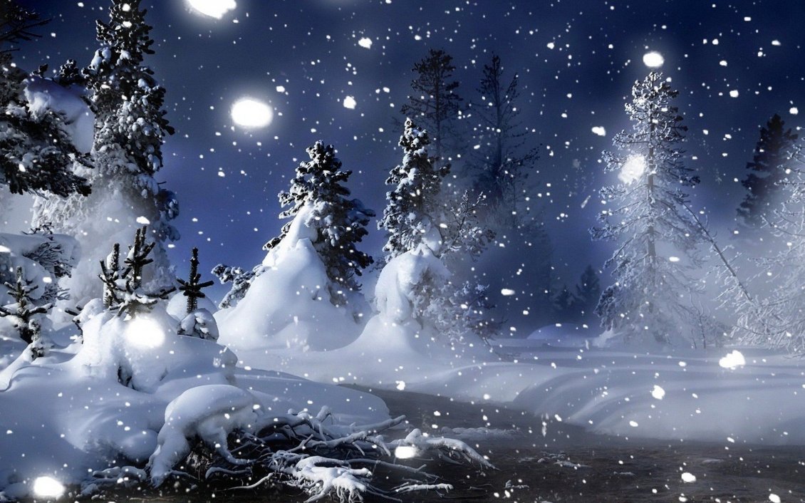 Download Wallpaper Cold winter night - Snow time over Forest