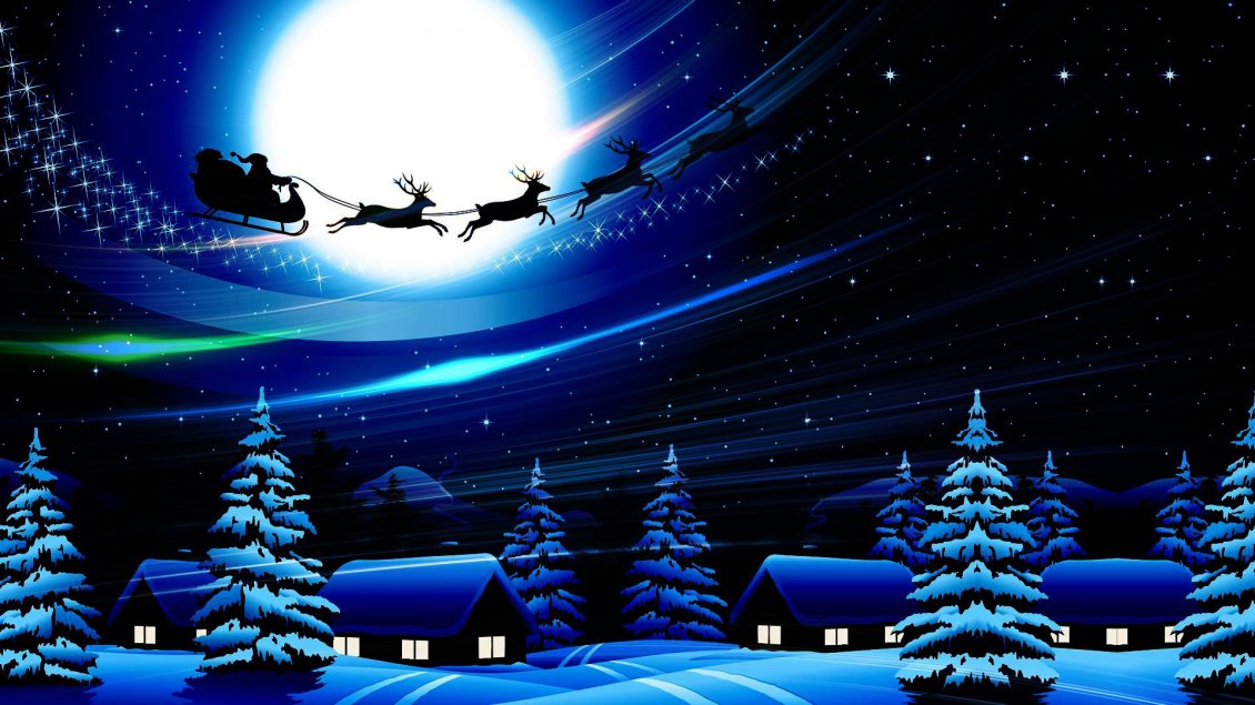 Download Wallpaper Santa Claus is in the air with reindeers - Christmas night
