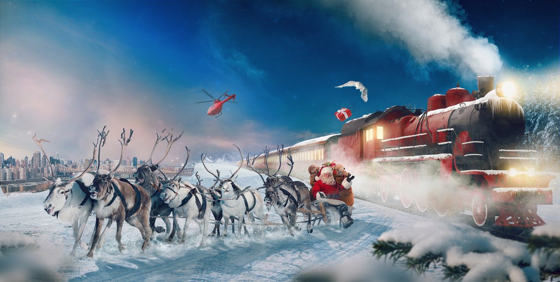 Download Wallpaper Santa Claus and reindeers travel with train - Gift night