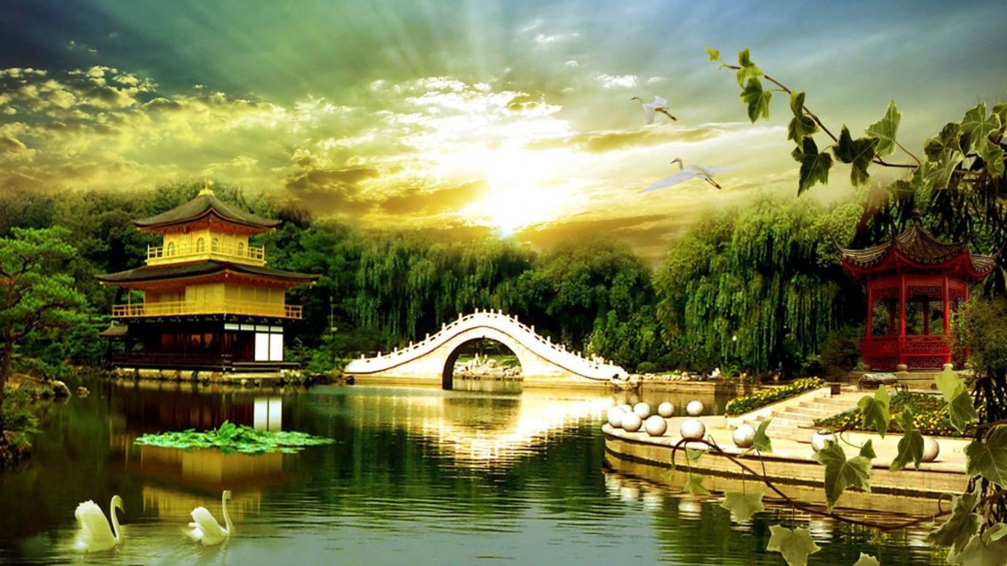 Download Wallpaper Bridge in Kinkaku - Wonderful nature landscape 3D