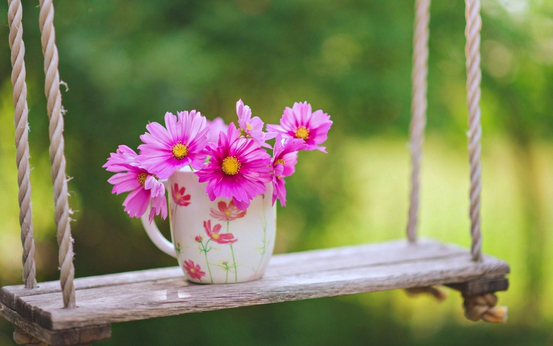 Download Wallpaper Pink flowers in a cup of coffee - Spring morning time