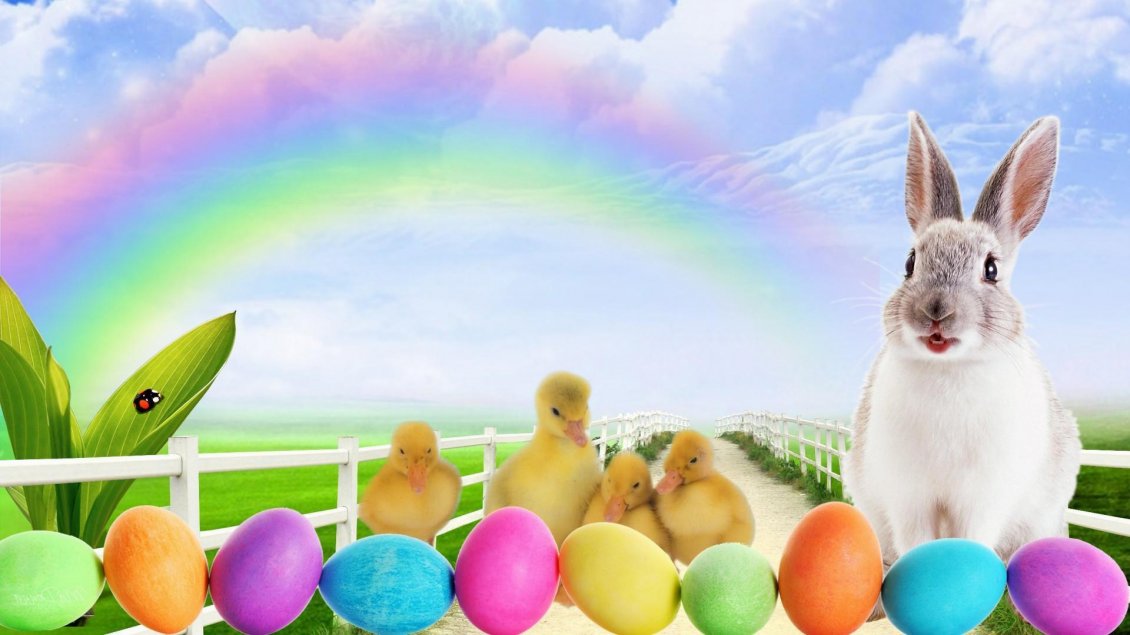 Download Wallpaper Wallpaper with bunny and coloured eggs - Easter spring