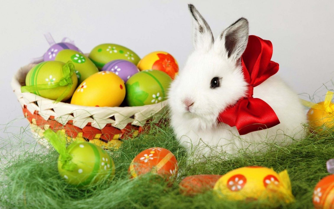 Download Wallpaper Big red ribbon on a fluffy Easter bunny - Colored eggs