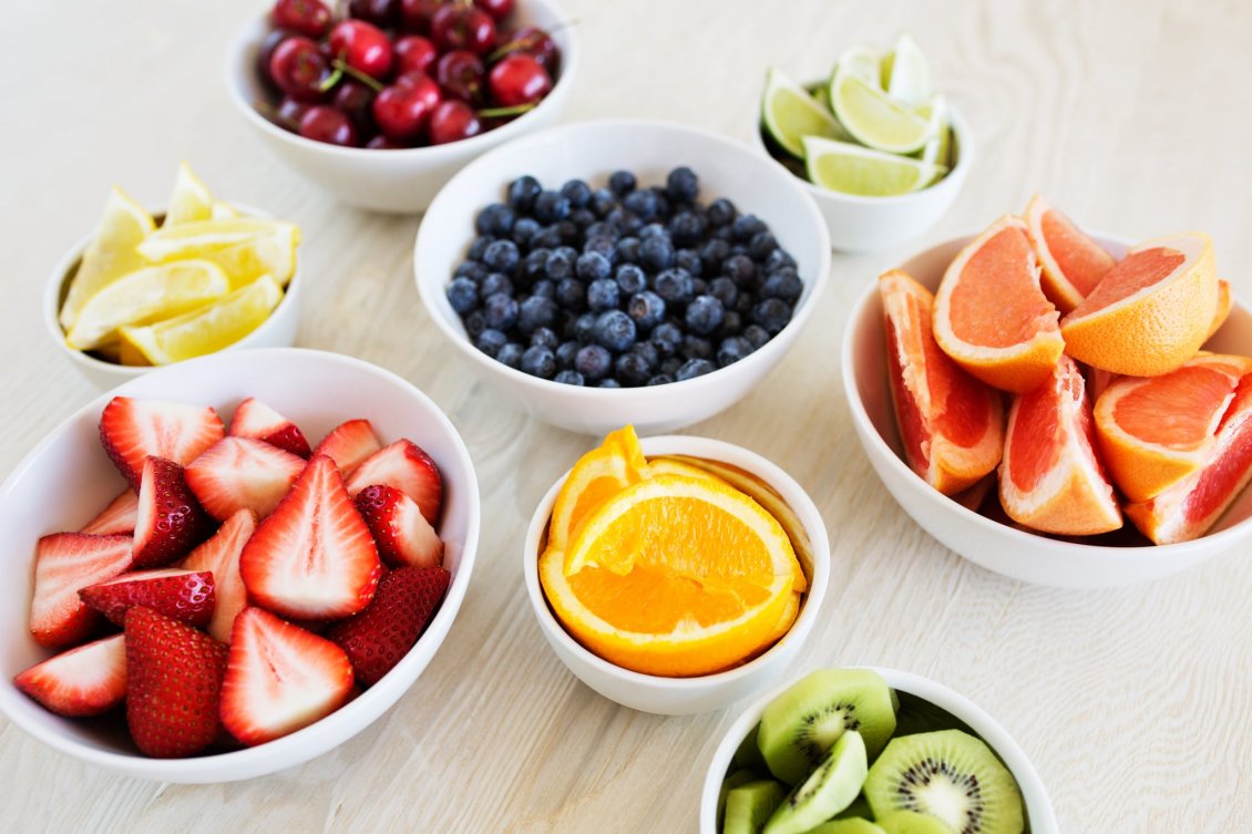 Download Wallpaper Delicious summer fruits in white cups - Vitamin color meal