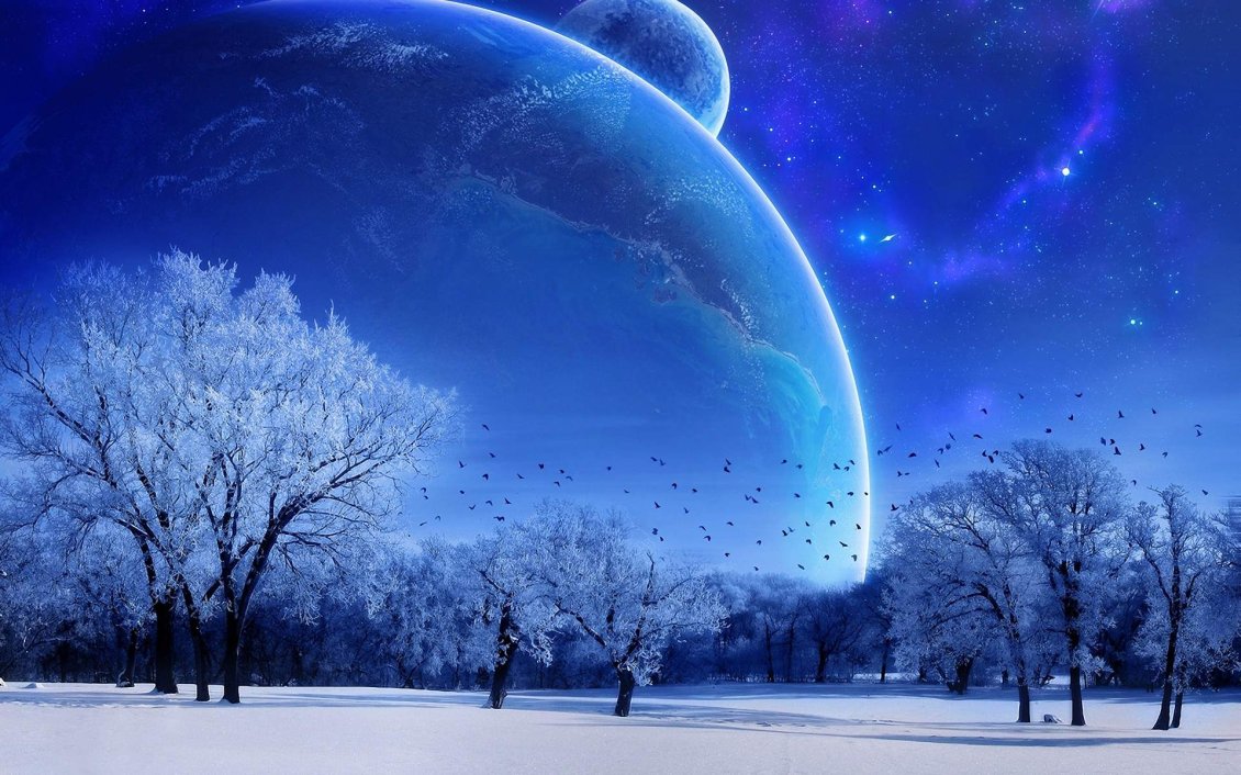 Download Wallpaper Big double moon on the blue sky - Winter season time