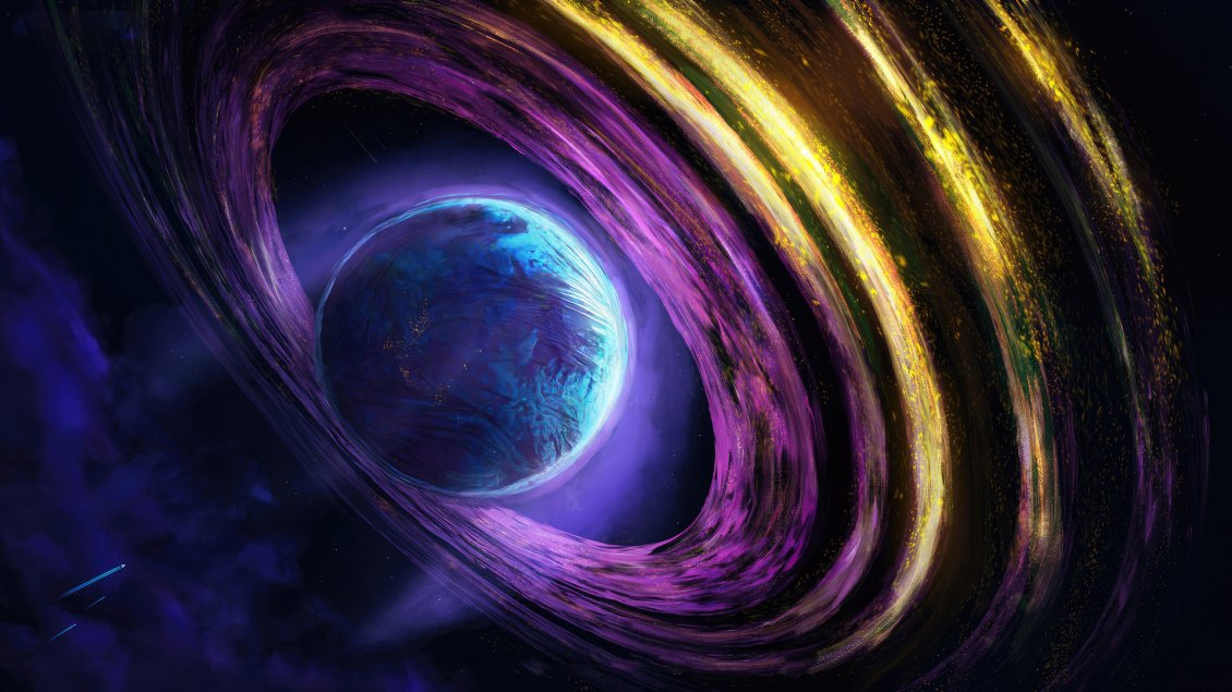 Download Wallpaper Blue planet in the space - colorful rings