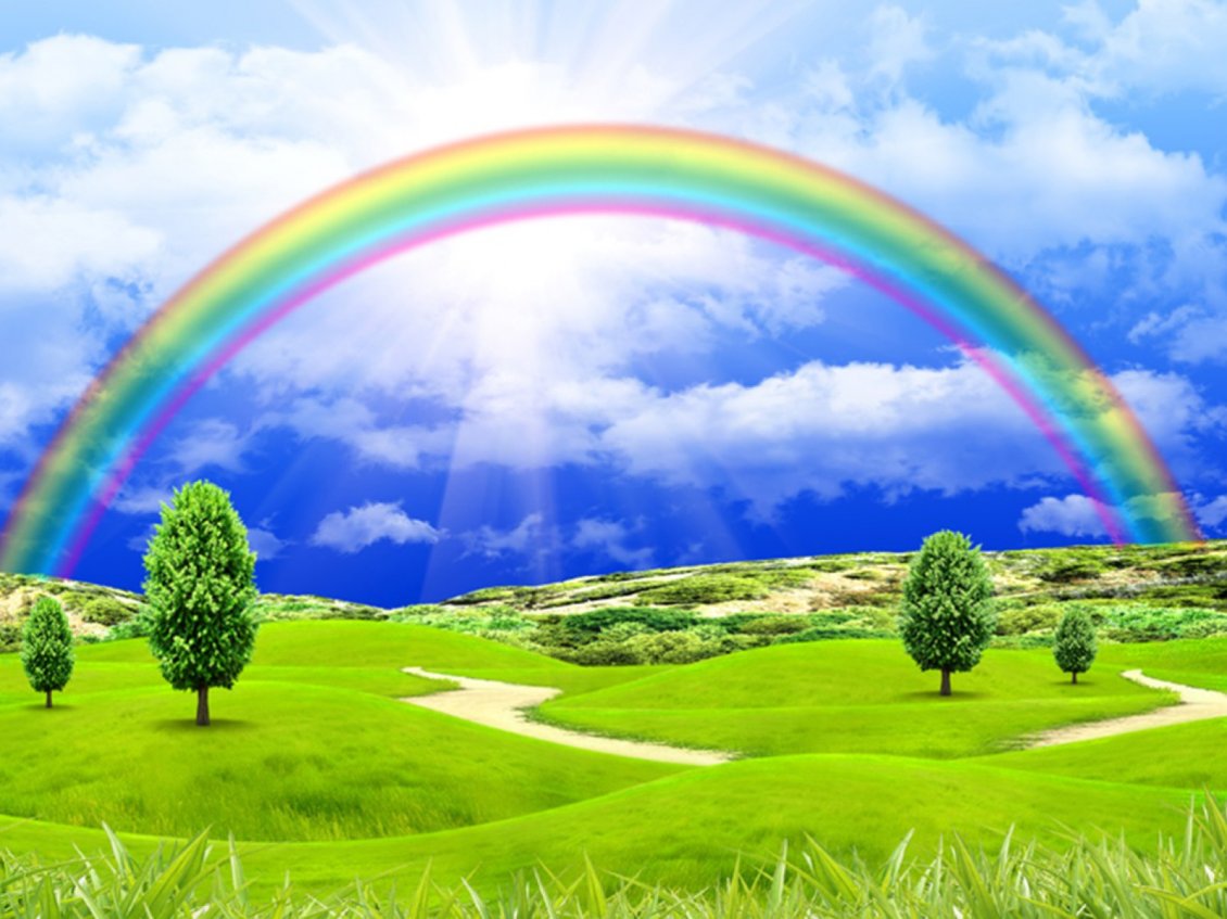 Download Wallpaper Perfect rainbow over the green beautiful field