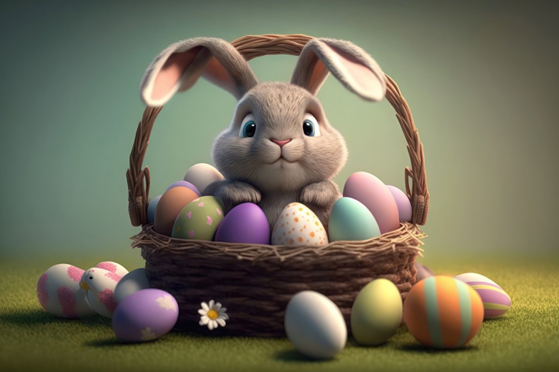 Download Wallpaper Fluffy little bunny with basket and Easter eggs