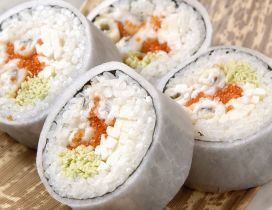 Sushi rolls seen close