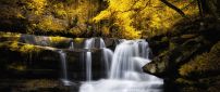 Waterfall on a river in the forest and trees leaves yellowed