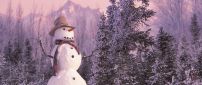 Snowman with hat and neckcloth near trees