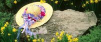 Hat adorned with flowers on a big stone