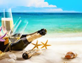 A champagne bottle and two glasses in the sand on the beach