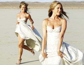 Jennifer Aniston running in white dress