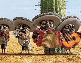 Rango movie - Four owls in a band in the desert