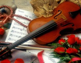 Violin, red roses and music notebook - Love music