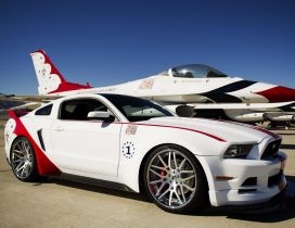 White and red Ford Mustang GT on the airport