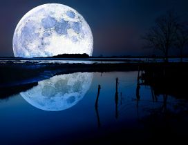 Big moon reflected in water