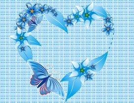 Blue heart made of flowers and butterflies