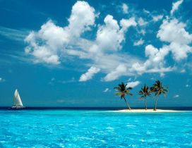 Three coconut trees on an island and a sailboat
