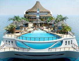 A luxury ship with pool and palms on sea