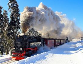 Black and red train on a winter day
