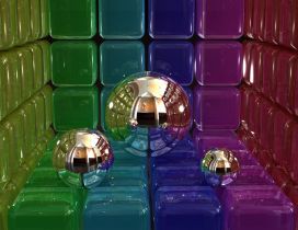 Three different balls between colorful cubes