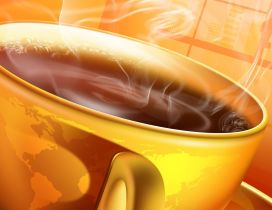Yellow coffee cup with hot coffee